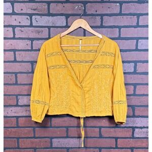 Free People Follow Your Heart Boho Button Blouse Gold Embroidered Crop Womens S
